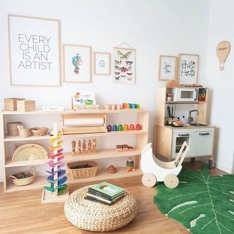 modern minimalist playroom decor with toy storage, or play are in nursery decor, kid room decor Unique Kid Rooms, Montessori Bedroom, Montessori Playroom, Toddler Playroom, Playroom Design, Kids Room Organization, Maria Montessori, Play Spaces, Toddler Bedrooms