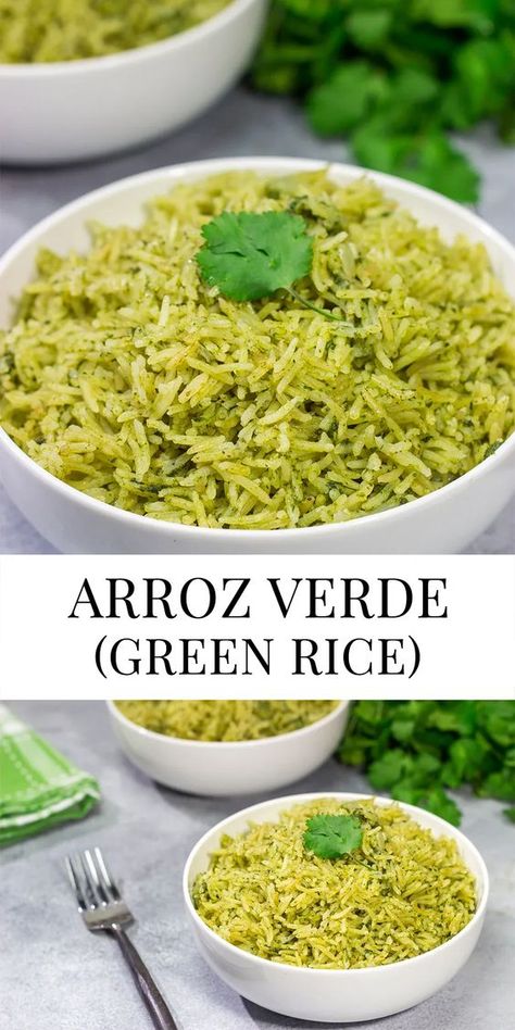 Packed with fresh spinach and cilantro, Arroz Verde (or Green Rice) makes for an easy and tasty side dish! Plus, it just looks cool! Jalapeno Puree, Green Rice Recipe, Spicy Chicken Tacos, Cilantro Parsley, Roasted Poblano Peppers, Roasted Poblano, Cilantro Rice, Poblano Peppers, Green Rice