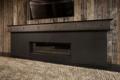 Steel Fireplace Mantle, Steel Beam Fireplace Mantel, Blackened Steel Fireplace Surround, Modern Fireplace Mantles, Fireplace Mantels Ideas, Modern Mantle, Stone Mantle, Fireplace Beam, Metal Fireplace