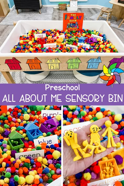 September Preschool Sensory Bin, All About Me Sensory Table Preschool, Sensory Table Ideas For Preschool Back To School, Family Themed Sensory Bin, Friends Sensory Bin, Shapes And Colors Sensory Bin, Monthly Sensory Bins Preschool, Preschool All About Me Sensory Bin, All About Me Preschool Theme Sensory Bin