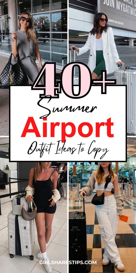 Upgrade your vacation style with 40+ chic airport outfit ideas perfect for summer travels. From shorts to skirts, from casual style to classy vibes, from cute dresses to clean girl aesthetic jeans outfits, we've got you covered! Stay comfy and fashionable on the go! Outfit Ideas To Travel, Comfortable Airport Outfit Summer, Cute Summer Travel Outfits, Cute Airport Outfit Summer, Summer Airplane Outfit, Travel Outfits Summer, Airplane Travel Outfits, Classy Airport Outfit, Airport Style Summer