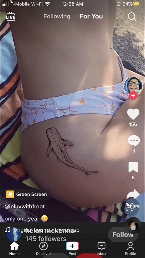 Whale Shark Tattoo Placement, Whale Shark Hip Tattoo, Hip Shark Tattoo, Shark Tattoo Hip, Shark Tattoo Aesthetic, Shark Tattoo Thigh, Shark Hip Tattoo, Tiny Leg Tattoos, Beach Tats