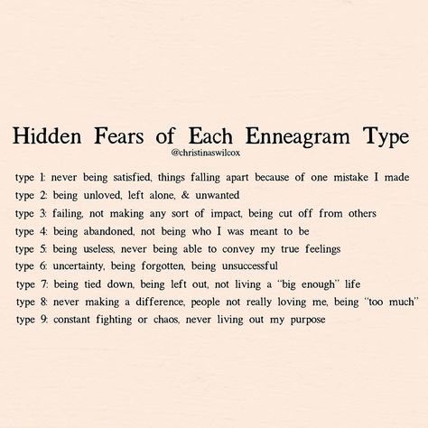 Christina S. Wilcox on Instagram: “✨ Hidden Fears of Each Enneagram Type ✨ ⠀⠀ I recently did a poll where each of you guys answered what your biggest fears in life were,…” Type 7 Enneagram, Type 5 Enneagram, Type 6 Enneagram, Type 4 Enneagram, Enneagram Type One, Enneagram 7, Personality Types Test, Positive Qualities, Different Personality Types