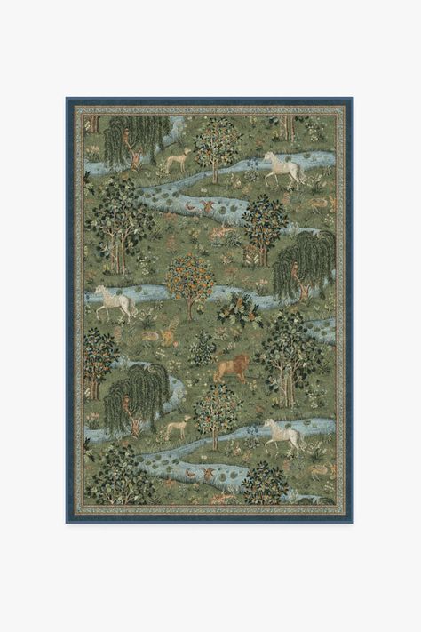 Be transported by the enchanting Morris & Co. Owl & Willow Green Rug. This whimsical, tapestry-like landscape features charming animals and a meandering river amidst a stylised forest. Pops of yellow, blue, orange, coral and red bring this lush green landscape to life. Water-resistant, stain-resistant, and machine-washable. Rug colours may vary slightly according to your device and the lighting in your space. Rugs Runners, Ruggable Rug, Willow Green, Strawberry Thief, Orange Coral, Landscape Features, Bohemian Area Rugs, Unique Rug, Green Landscape