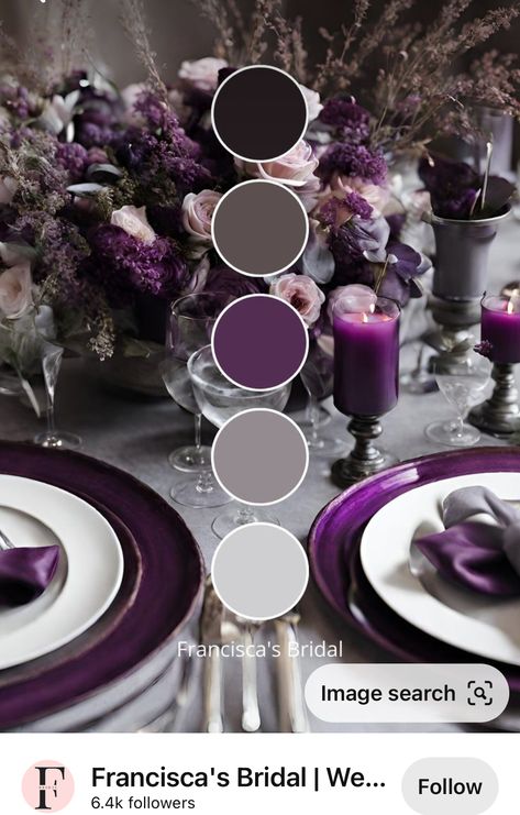 Purple Gray And Black Wedding, Purple And Black Wedding Theme Color Palettes, Plum And Grey Wedding Decorations, Dark Purple Wedding Palette, Black And Purple Color Palette, Purple Wedding Color Schemes, Eggplant Wedding Colors, Purple Wedding Palette, Purple Silver Wedding