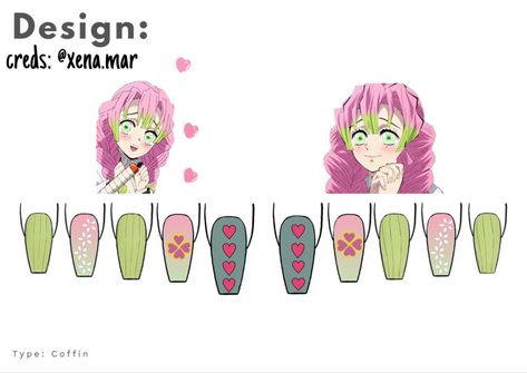 Mitsuri Kanroji Inspired Nails, Mitsuri Nail Design, Mitsuri Kanroji Nail Design, Mitsuri Nails Acrylic, Mitsuri Kanroji Nail Art, Anime Nail Inspiration, Mitsuri Nail Art, Mitsuri Nails Design, Nail Drawing Ideas Art Designs