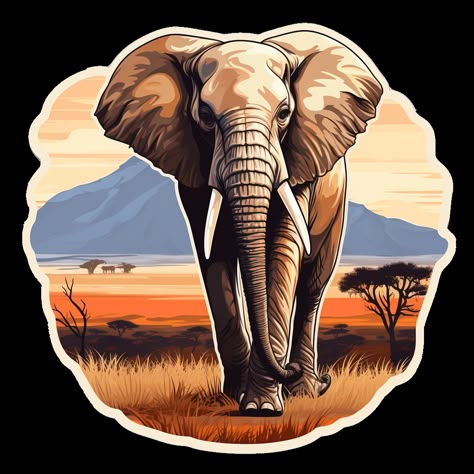 Majestic Wandering Elephant - Vinyl Sticker African Landscape, Elephant Stickers, Mountain Illustration, Diy Crafts Life Hacks, Flying High, Elephant Art, African Wildlife, English Learning, Sticker Collection