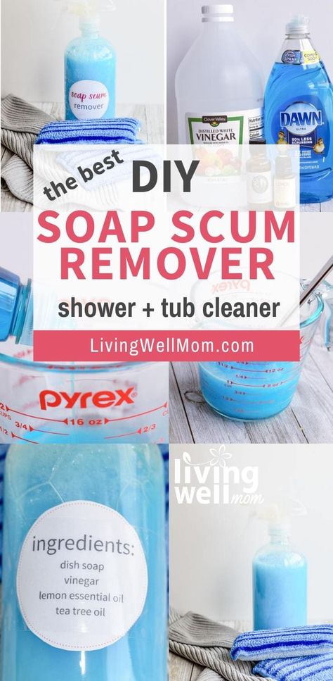 This heavy duty soap scum remover and bathtub/shower cleaner takes just 4 simple ingredients including Dawn and essential oils and works hard to remove grime so you don’t have to scrub. Just mix, spray, wait a few minutes, and wipe clean! Homemade Shower Spray, Vinegar Shower Cleaner, Best Soap Scum Remover, Soap Scum Remover, Diy Shower Cleaner, Shower Cleaning Hacks, Homemade Shower Cleaner, Diy Cleaning Products Recipes, Essential Oils Cleaning