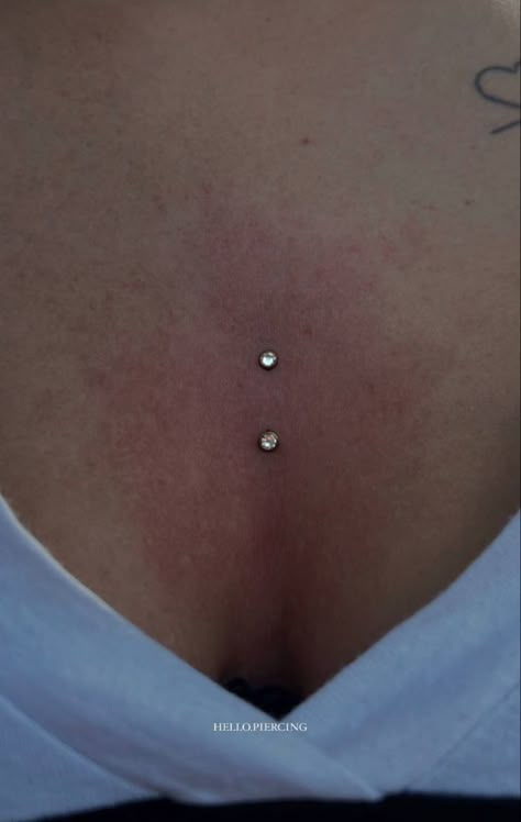 Double Chest Dermal Piercing, Dermal Body Piercings, Chest Surface Piercing, Chest Dermal Piercing Center, Sternum Piercing Dermal, Chest Piercings For Women, Chest Dermal Piercing, Dermal Piercing Chest, Chest Dermal