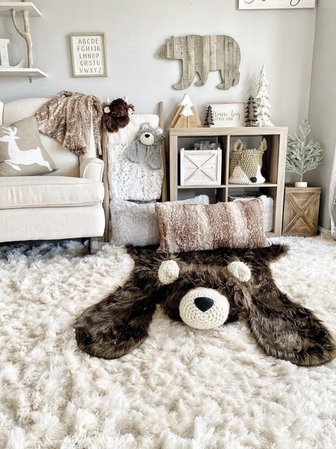 Forest Baby Nursery, Nursery Ideas Boy, Camping Room, Brown Flannel, Bear Rug, Forest Baby, Nursery Room Design, Baby Boy Room Nursery, Forest Nursery