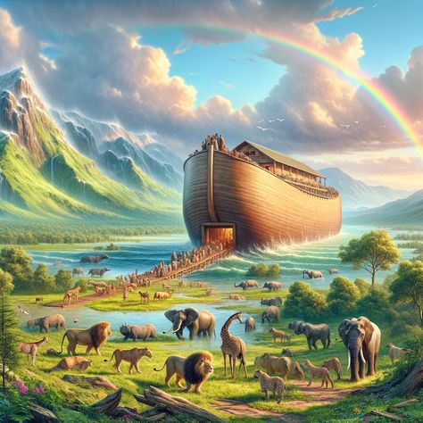 A scene depicting Noah's Ark after the flood, showing a large wooden ark resting on a mountain with a rainbow in the sky. The surrounding landscape is lush and green, symbolizing new beginnings and hope. Animals are disembarking from the ark, including pairs of lions, elephants, and giraffes, walking into the rejuvenated earth. The sky is clear and blue, with a few clouds, emphasizing the theme of renewal and cleansing. The overall mood of the image is one of peace and optimism.