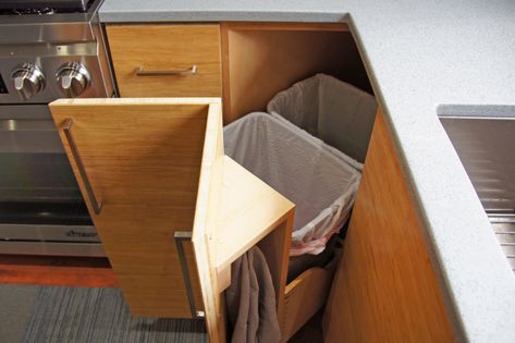 Kitchen Lazy Susan, Kitchen Innovation, Corner Kitchen Cabinet, Kitchen Trash Cans, Kitchen Corner, Trash Bin, Corner Cabinet, Yellow Kitchen, Kitchen Inspo