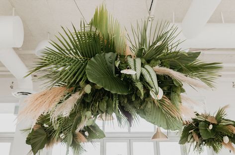 Tropical Florida Rooftop Wedding, hanging greenery, greenery installations, tropical wedding flowers, tropical wedding decor, minimalist wedding decor Monstera Leaf Chandelier, Wedding Decor Minimalist, Hanging Greenery, Miami Decor, Tropical Wedding Decor, Minimalist Wedding Decor, Tropical Wedding Flowers, Wedding Green, Tropical Home Decor