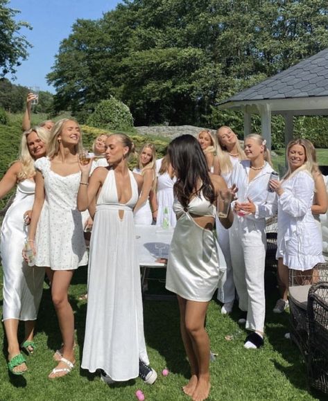 White Out Party Theme Aesthetic, Alix Earle Frat Wedding, Bachelorette All White Outfits, Bachelorette White Party, Wedding Birthday Party, White Themed Birthday Party Outfit, White Party Aesthetic Outfit, All White Welcome Party Outfits, Wedding White Party