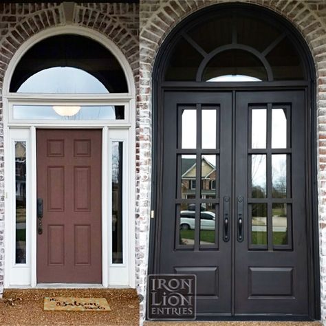 Stunning transformation from a a single door with sidelights and transom to a double door with built in transom   #singledoor #doubledoors #steeldoors #irondoors #entryway #frontdoor #architecture  #interiordesign #homerenovation #homeremodeling #homeremodelingideas #exteriordesign #exteriordesignhome #entrywayideas #doordesign #transformation #transformationtuesday #homemakeover Front Door Transom Window, Single To Double Front Door, 6 Light Front Door, Narrow Double Front Doors, Front Door With Arched Window, Single Door To Double Door Entry, Single Front Door To Double Doors, Rounded Front Door Entrance, Exterior French Doors With Transom