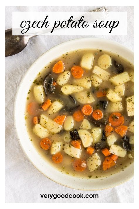 The perfect soup for winter days! This quick and easy Czech recipe is made with potatoes and vegetables and has a delicious, chewy texture that will make your mouth water. #soup #czechrecipe #potatosoup #easyrecipe Soup For Winter, Sweet And Sour Cabbage, Potatoes And Vegetables, Sour Cabbage, Dried Porcini Mushrooms, Garlic Soup, Goulash Recipes, Czech Recipes, Porcini Mushrooms