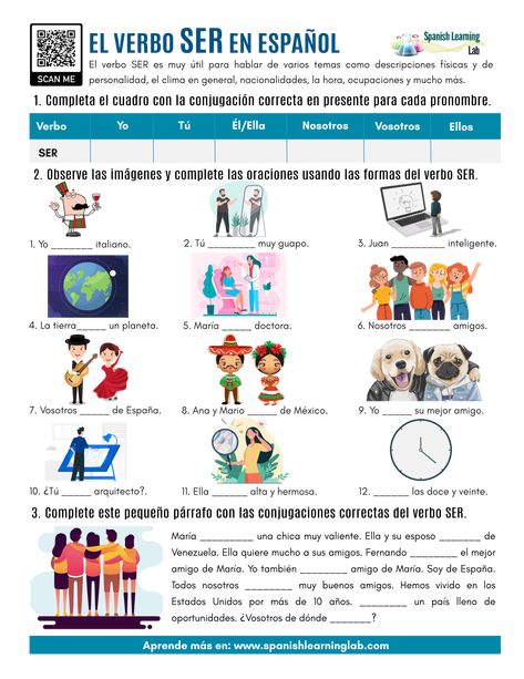 Spanish Ser, Spanish Classroom Activities, Learning Spanish Vocabulary, Spanish Worksheets, Spanish Verbs, Spanish Teaching Resources, Spanish Grammar, Spanish Vocabulary, Spanish Classroom