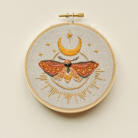 Moth embroidery piece in 5in bamboo hoop 4 Inch Embroidery Hoop Ideas, Spiritual Embroidery, Moon And Stars Embroidery, Astrology Embroidery, Embroidery Luna Moth, Moths Embroidery, Lunar Moth Embroidery Pattern, Embroidery Moth, Embroidered Insects