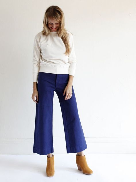 Sailor Pant Outfits-17 Ways to Wear Sailor Pants Fashionably Indigo Pants Outfit, Sailor Pants Outfit, Jesse Kamm Sailor Pant, Indigo Pants, Jesse Kamm, Career Girl, Sailor Pants, Outfits To Wear, Quick Outfits