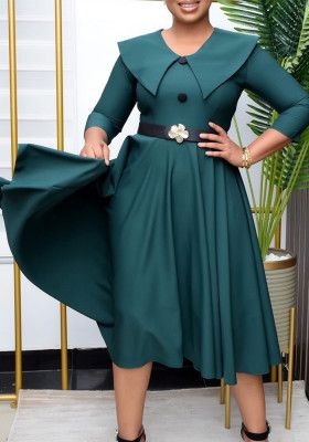 Spring Solid Color Chic Elegant And Fashionable A-Line Plus Size African Dress Mid Skirt, Green Belt, Blue Belt, Red Belt, Solid Color Dress, Types Of Skirts, African Dress, Elegant Dress, Belted Dress