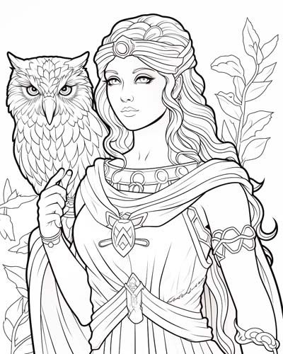 free printable coloring page of Athena and an owl. Greek Mythology Colouring Pages, Athena Goddess Drawing, Athena Drawing, Goddess Coloring Pages, God Drawings, Greek Goddess Athena, Athena Greek Goddess, Greek Goddess Of Wisdom, Goddess Of Wisdom