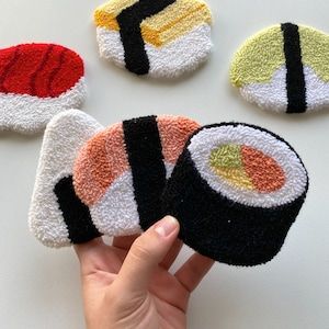 Punch Needle Coasters, Clay Diys, Rug Coasters, Punch Needling, Sushi Roll, Handmade Mug, Sushi Rolls, Mug Rug, Needle Felt