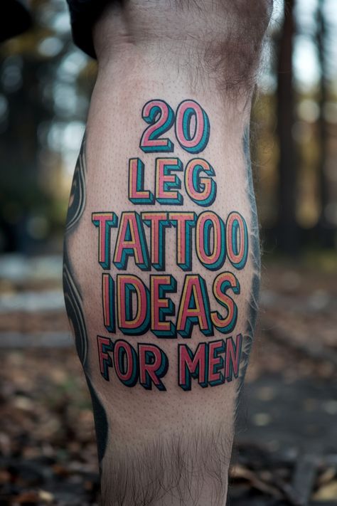 Bold text on a leg reading "20 Leg Tattoo Ideas for Men" surrounded by a forest background. Mens Calf Tattoo Sleeve, Nature Calf Tattoo Men, Wolf Knee Tattoo Men, Best Men Sleeve Tattoos, Men’s Around Knee Tattoo, Japanese Half Leg Tattoo, Men’s Calf Tattoo Ideas, Back Of Calf Tattoo Men, Small Tattoos For Men On Leg