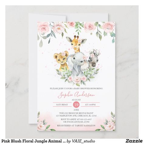 Pink Blush Floral Jungle Animal Safari Baby Shower Invitation Safari Baby Shower Girl, Jungle Safari Animals, Safari Invitations, Safari Baby Shower Invitations, Animal Baby Shower Invitations, Animals Baby Shower, Baby Shower Invitaciones, Jungle Baby Shower, Safari Party