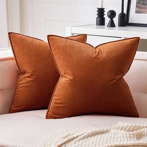 Amazon.com: MIULEE Pack of 2 Decorative Velvet Throw Pillow Covers Soft Burnt Orange Pillow Covers Soild Square Cushion Case for Fall Sofa Bedroom Car 18x 18 Inch 45x 45cm : Home & Kitchen Entertainment Room Decor, Bedroom Couch, Balcony Patio, Sofa Pillows Arrangement, Car Party, Fall Throw Pillows, Home Decor Quotes, Orange Pillows, Velvet Throw