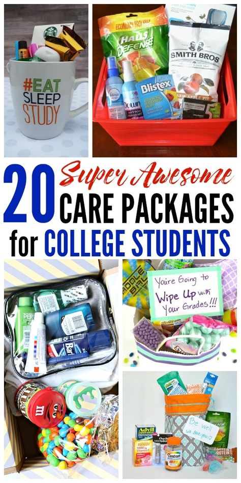 This is an amazing list of care package ideas for college students! From finals survival kits to treats from home, there's something for everyone! Student Survival Kit Gifts, University Survival Kit Gift, Welcome To College Care Package, College Care Package Ideas For Daughter, College Kid Care Package Ideas, Spa Care Package Ideas, Grad Presents, College Basket, College Gift Boxes