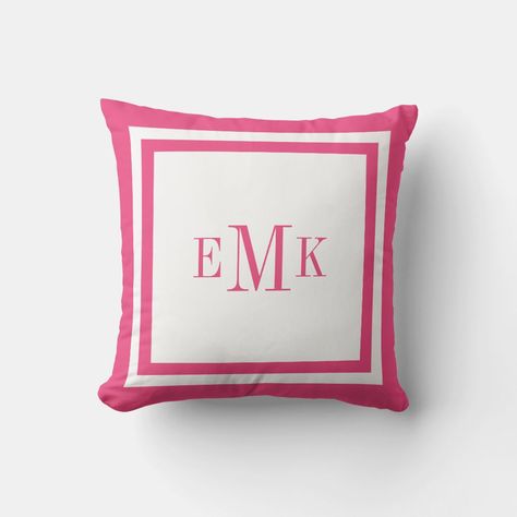 Pink And White Curtains, Hot Pink Preppy, Hot Pink Bedrooms, Preppy Pillows, Dorm Pillows, Monogram Pillow, Monogram Throw Pillow, Gold Rooms, Pink Sheets