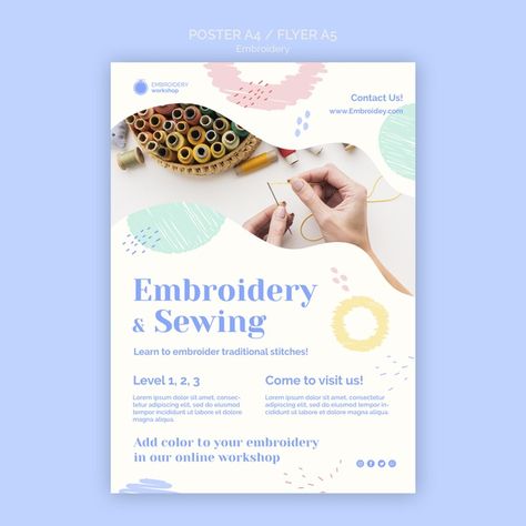 Workshop Poster, Sewing Logo Design, Clothing Logo Design, Flyer Inspiration, Sewing Logo, Embroidery Workshop, Poster Template Free, Poster Idea, Learning To Embroider