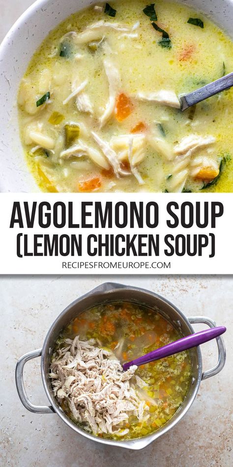 Want to make delicious Avgolemono Soup? This classic Greek lemon chicken soup is creamy, filling and full of flavors! Lemon Garlic Chicken Soup, Greek Chicken Soup, Greek Lemon Chicken And Farro Soup, Greek Chicken Lemon Soup, Greek Lemon Chicken Soup Crockpot, Greek Soup, Chicken Avgolemono Soup, Greek Avgolemono Soup, Greek Style Lemon Chicken Soup