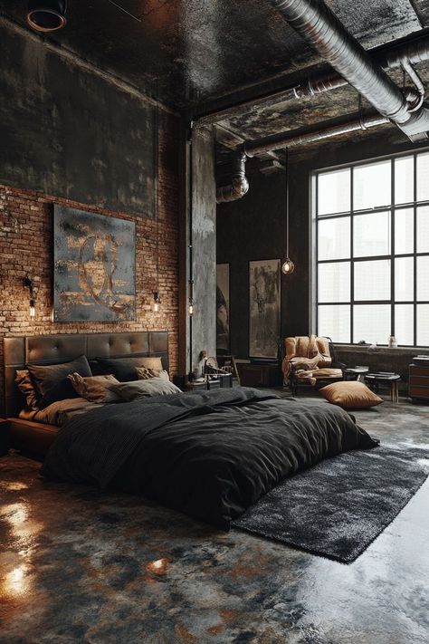 ♥ Are you looking to transform your bedroom into a cozy industrial oasis? Dive into the allure of this industrial bedroom featuring modern decor and rustic industrial touches. Perfect for those seeking home bedroom refresh ideas and industrial interior design inspiration. Masculine Black Bedroom, Masculine Bedroom Ideas For Men, Male Bedroom Decor For Men, Masculine Bedroom Ideas, Apartment Industrial, Loft Apartment Industrial, Modern Loft Apartment, Male Bedroom Ideas, Industrial Decor Bedroom