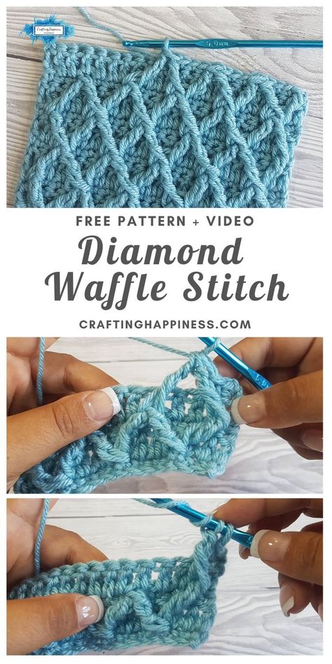 Learn how to crochet the Diamond Waffle Stitch with the free step by step photo tutorial and video for beginners from Crafting Happiness. #crochetblankets #crochetafghans #crochetstitches #crochetpatterns #freecrochetpatterns #crochetforbaby #crochetprojects #crochetbaby #babyblankets #stitchesforblankets #craftinghappiness Pretty Crochet Stitches, Pola Sweater, Crochet Diamond, Crochet Waffle Stitch, Crochet Stitches Free, Waffle Stitch, Crochet Tips, Learn How To Crochet, Crochet Stitches For Beginners