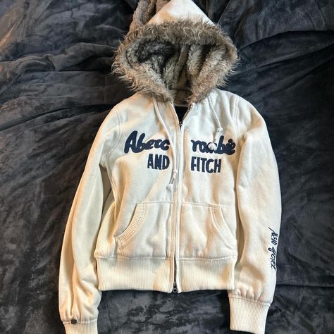 vintage fur lined Abercrombie & fitch zip up - no... - Depop Abercrombie And Fitch Outfits 2000, Fur Zip Up, Zip Up Hoodie, Abercrombie And Fitch Outfits, Abercrombie And Fitch Outfit, Cream Hoodie, Skater Outfits, Vintage Fur, 2000s Fashion Outfits