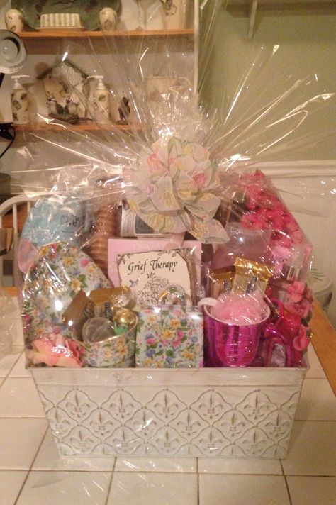 Sympathy gift basket wrapped. Sympathy Gift Baskets, 2023 Party, Baskets Ideas, Birthday Gift Baskets, Golf Tournament, Plastic Wrap, Basket Ideas, Sympathy Gifts, Diy Home Crafts