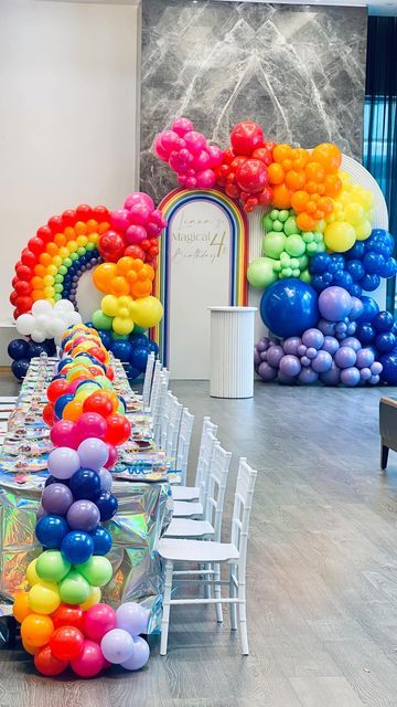 Kaidy Balloons & Decor on Instagram: "Rainbow 🌈 birthday party 🌈 . . . @dimo_studio @bloom_cake_co . . #rainbow #birthdaygirl #balloons #decor #gtaballoons" Rainbow Balloon Decorations For Birthday, Rainbow Centerpiece, Tie Dye Birthday Party, Balloon Rainbow, 40th Birthday Balloons, Rainbow Balloon Arch, Reunion Decorations, Balloons Decor, Beautiful Balloons