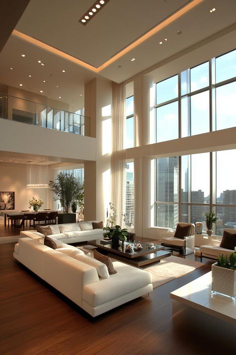 Sophisticated living room with skyline view. Uncover the secret sauce behind mind-boggling luxury penthouse designs that will have you fantasizing about living above it all. Apartment Decorating High Rise, Luxury Loft Apartment Aesthetic, Condo Decorating Ideas Living Room, Korean Penthouse Luxury, New York Penthouse Luxury, Korean Penthouse, Luxury Penthouse Design, Luxury Penthouse Interior, Penthouse Apartment Aesthetic