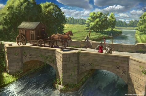 Medieval Bridge, Ormanlık Alan, Fantasy Town, Bridge Art, Horse Illustration, Medieval World, Fantasy City, Fantasy Castle, Fantasy Setting