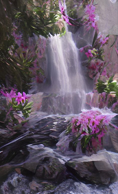 Water Fall Wedding, Waterfall With Flowers, Waterfall Pics, Fairy Waterfall, Waterfall Flowers, Drawing Library, Waterfall Fairy, Flower Waterfall, Fantasy Plant