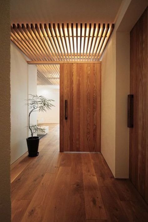 The 21 Ways to Create Japandi Style in Your Home - HaticeXInterior Design and Architecture Soft Ceiling Lighting, Entry Ceiling Design, Japandi Dark Wood Floor, Vestibule Lighting, Bedroom Skylight Ideas, Low Ceiling Hallway, Light Wooden Bedroom, Skylight Interior, Vestibule Door