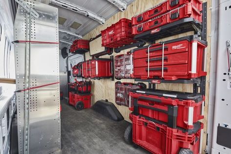 Milwaukee Packout Racking Kit and Shelf | Pro Tool Reviews Trailer Shelving, Work Truck Organization, Work Truck Storage, Milwaukee Tool Box, Van Organization, Truck Organization, Van Shelving, Trailer Organization, Work Trailer