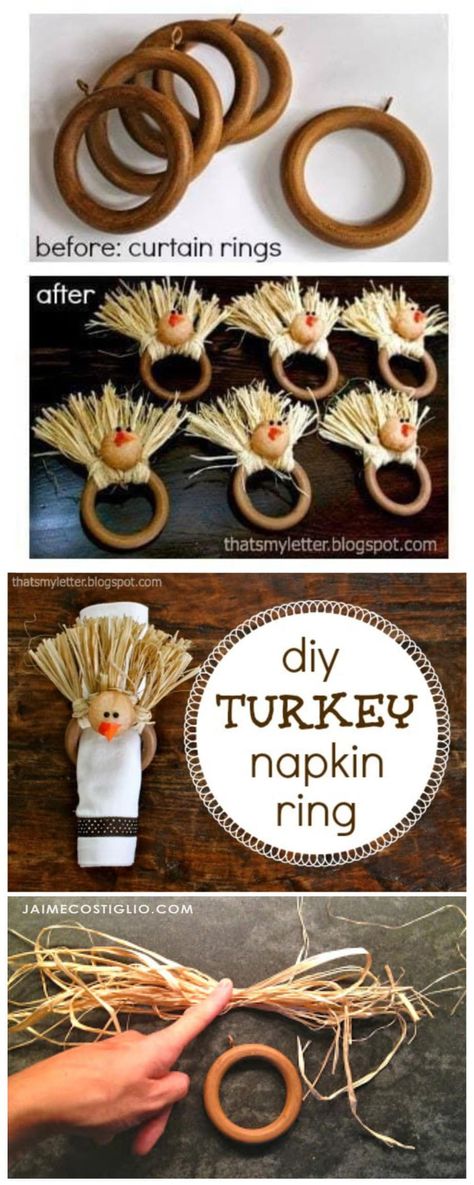 A DIY tutorial to make turkey napkin rings using curtain hardware. Add texture and a touch of charm to your Thanksgiving table with this turkey. #tabledecor Thanksgiving Table Place Settings, Turkey Napkin Rings, Thanksgiving Table Settings Diy, Turkey Napkins, Thanksgiving Napkin Rings, Diy Turkey, Fall Napkins, Napkin Rings Diy, Halloween Napkins