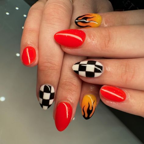 “Burn 🔥 “ Dipping powder Short almond shaped Designed with gel . . #nails #nailsofinstagram #nailart #nails💅 #nailinspo #nailsdesign #nailsart #nailpolish #nailswag #nailaddict #nailsbyphiana #stylishnails #trendynails #nailsnailsnails #nailsdesign #nailsinspo#dippowdernails #acrylicnails Fire Fighter Nails, Cars Nails, Racing Nails, Nails Disney, Short Almond, Fire Fighter, Almond Shaped, Trendy Nails, Shape Design