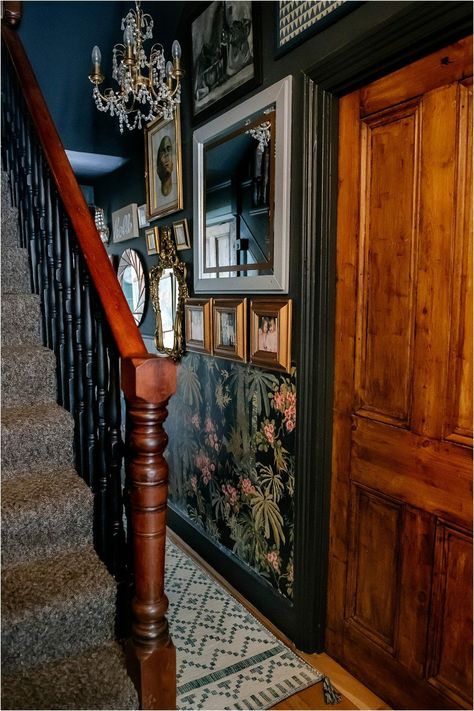 Maxamilist Hallway, Dark Victorian Hallway, Botanical Hallway, Dark Blue Hallway, Townhouse Staircase, Dark Green Hallway, Flat Hallway, Dramatic Hallway, Dark Entryway