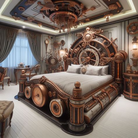 Transform Your Bedroom with Steampunk Style Bed: A Timeless Design Steampunk Interior Design, Steampunk Bedroom, Steampunk Interior, Brass Porthole, Floor To Ceiling Bookshelves, Bed Picture, Style Bed, Vintage Lanterns, Trending Art