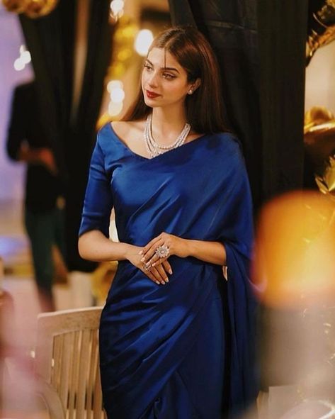 Soft texture royal blue SATIN saree with Unstitched blouse handmade customised Simple Saree Look For Function, Light Blue Saree, Sonya Hussyn, Royal Blue Saree, Blue Silk Saree, Sarees For Girls, Simple Saree Designs, Fancy Sarees Party Wear, Simple Sarees