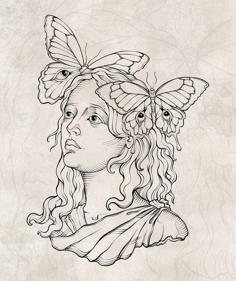 Greek goddess, greek statue, butterflies, butterfly with eyes, engraving, etching, hatching, tattoo design, art, line art, line tattoo, mythology Hestia Goddess Tattoo Design, Engraving Style Tattoo, Greek Goddess Tattoo, Illustrative Tattoo, Etching Tattoo, Engraving Tattoo, Tattoo Reference, Goddess Tattoo, Vintage Needlework