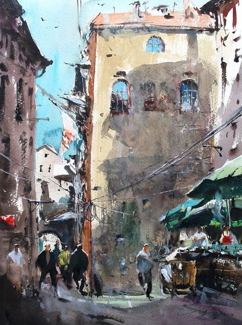 Impressionism Watercolor, Market Painting, Watercolor City, Abstract Watercolor Landscape, Italy Painting, Art Watercolor Painting, City Painting, Realism Painting, Impressionism Painting